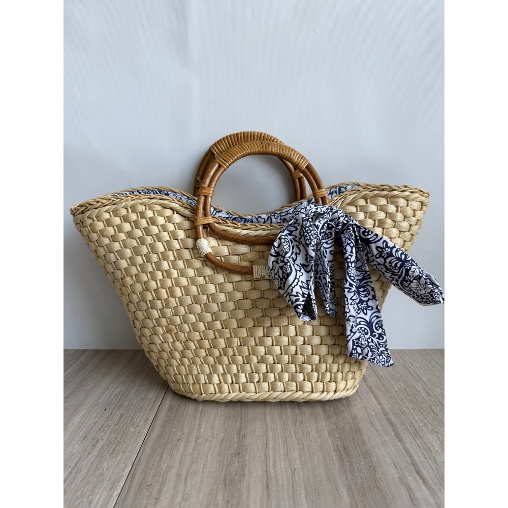 Straw Studio Woven Straw Basket Tote Bag Rattan Handle Coastal Boho Beach Purse